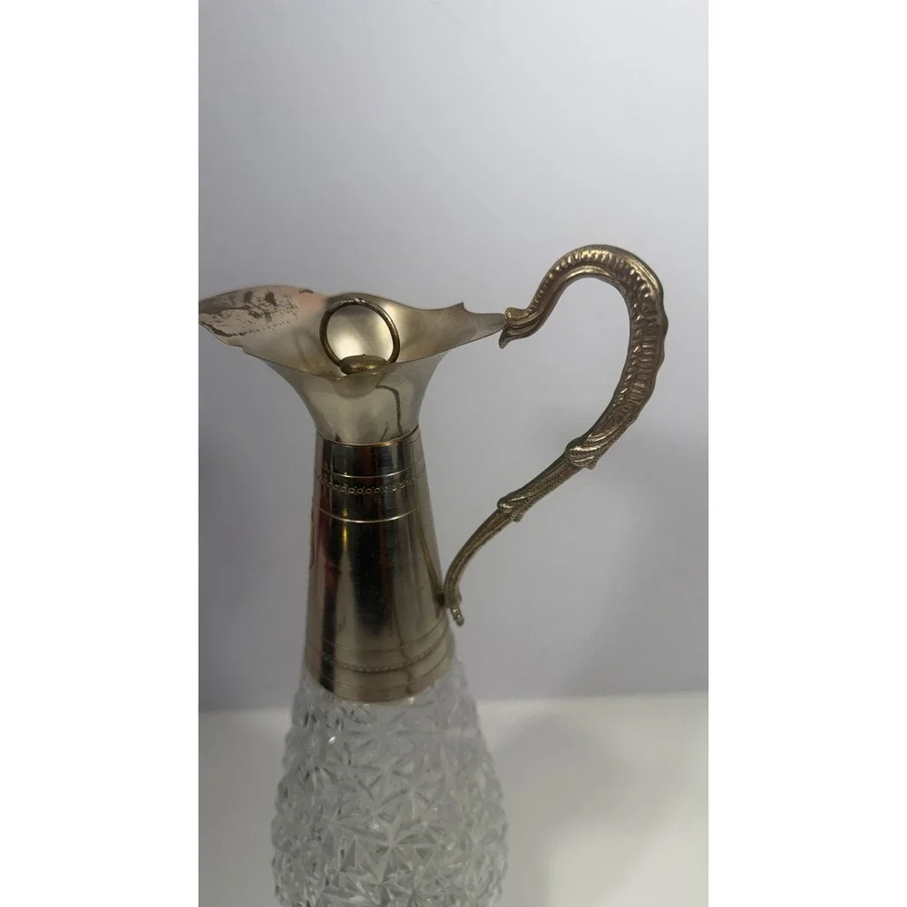Vintage F. Lii Beccaro Cut Glass Crystal Decanter Silver Tone Pitcher Jug
